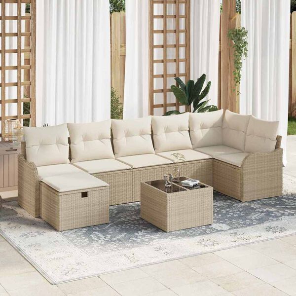 vidaXL Trädgårdsoffset med kudde med lagring 8 pcs Beige Poly rattan