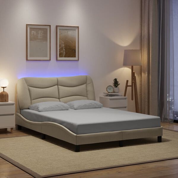 vidaXL Bed Frame with LED without Mattress "Hvar" Cream 120x200 cm Fabric