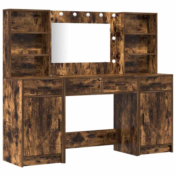 vidaXL Sminkbordssats med LED med l&aring;da 3 pcs R&ouml;kt ek Konstruerat tr&auml;