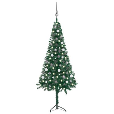 vidaXL Plastgran för hörn med LED och julgranskulor grön 180 cm PVC