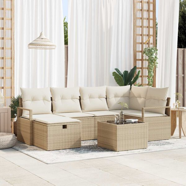 vidaXL Tr&auml;dg&aring;rdsoffset med kudde med lagring 7 pcs Beige Poly rattan