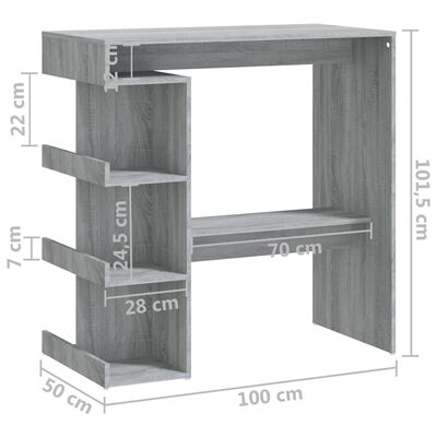 vidaXL Barbord med hyllor grå sonoma 100x50x101,5 cm
