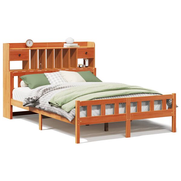 vidaXL S&auml;ng med bokhylla utan madrass vaxbrun 150x200cm massiv furu