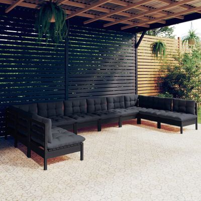 vidaXL Loungegrupp för trädgården med dynor 10 delar svart massiv furu