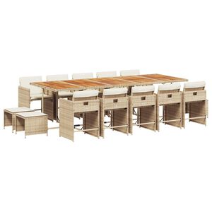 vidaXL Matgrupp f&ouml;r tr&auml;dg&aring;rden med dynor 15 delar beige konstrotting