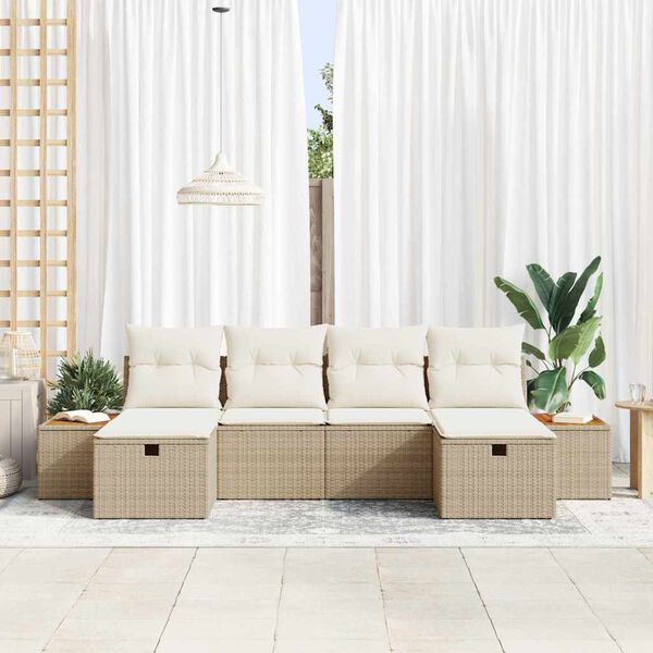 vidaXL Tr&auml;dg&aring;rdsoffset med kudde 6 pcs Beige Poly rattan