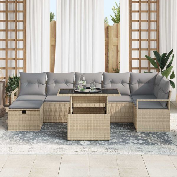 vidaXL Tr&auml;dg&aring;rdsoffset med kudde med lagring 8 pcs Beige Poly rattan