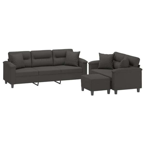 vidaXL Soffgrupp med kuddar 3 delar M&ouml;rkgr&aring; mikrofibertyg