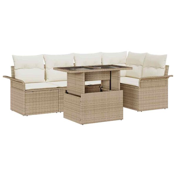 vidaXL Tr&auml;dg&aring;rdsoffset med kudde med lagring 6 pcs Beige Poly rattan