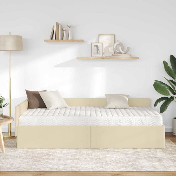 vidaXL H&ouml;rn S&auml;ngram med Madrass &Ouml;vrigt med huvudgavel 2 pcs Kr&auml;m tyg