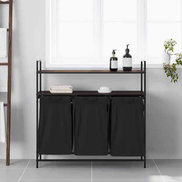 vidaXL Tvättkorg 3 fack med hyllor brun ek