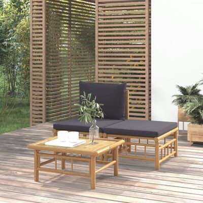 vidaXL Loungegrupp för trädgården 3 delar mörkgråa dynor bambu