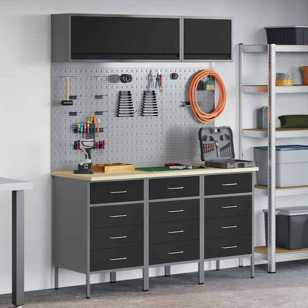 vidaXL Arbetskabinett Set med l&aring;da med lagring 8 pcs Svart