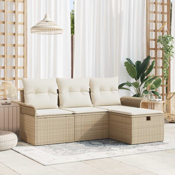 vidaXL Tr&auml;dg&aring;rdsoffset med kudde med lagring 4 pcs Beige Poly rattan