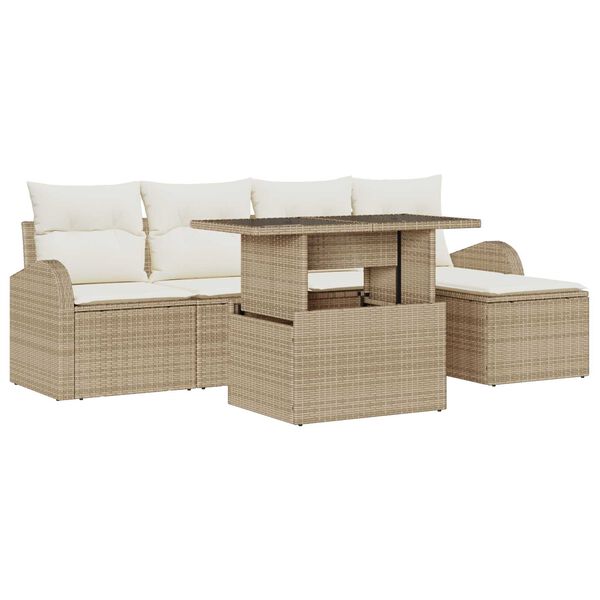 vidaXL Tr&auml;dg&aring;rdsoffset med kudde med lagring 6 pcs Beige Poly rattan