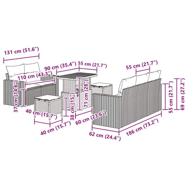 vidaXL Tr&auml;dg&aring;rdsoffset med kudde 8 pcs Svart konstrotting