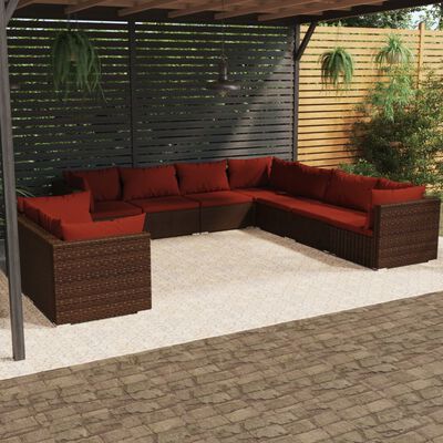 vidaXL Loungegrupp för trädgården med dynor 9 delar brun konstrotting