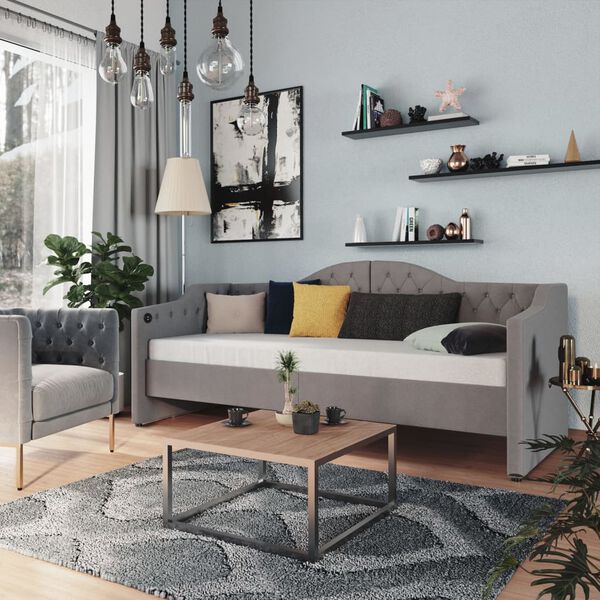 vidaXL Dagb&auml;dd med madrass USB ljusgr&aring; tyg 90x200 cm