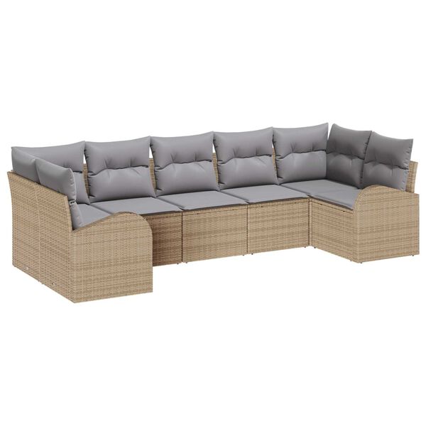 vidaXL Tr&auml;dg&aring;rdsoffset med kudde 7 pcs Beige Poly Rattan