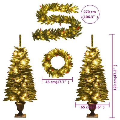 vidaXL Konstgjorda julgranar 2 st med krans, girlang och lysdioder