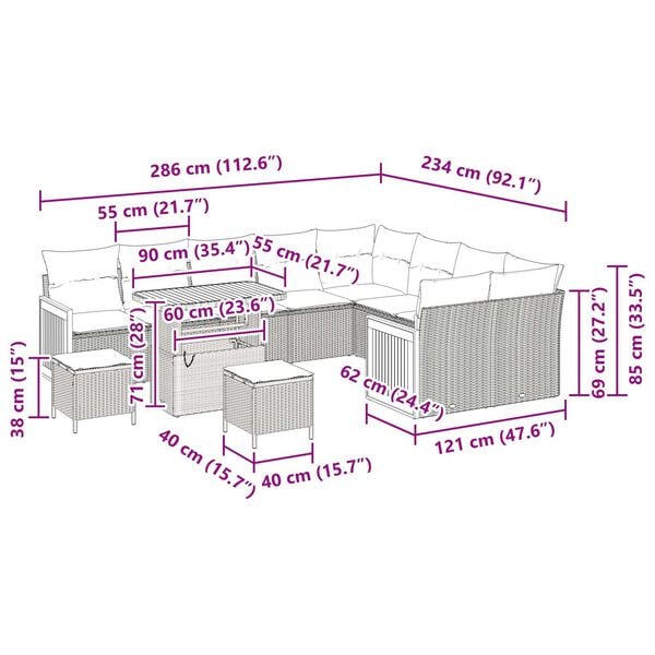 vidaXL Tr&auml;dg&aring;rdsoffset med kudde 12 pcs Svart 90 x 55 x 71 cm