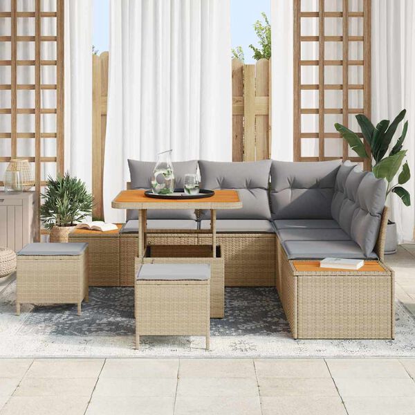 vidaXL Tr&auml;dg&aring;rdsoffset med kudde med lagring 8 pcs Beige Poly rattan