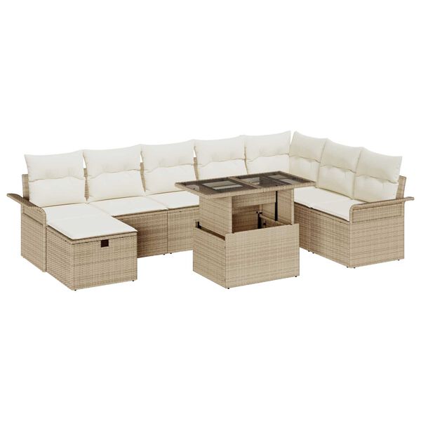 vidaXL Trädgårdsoffset med kudde med lagring 9 pcs Beige Poly rattan