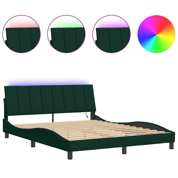 vidaXL Bed Frame with LED without Mattress "Hanko" Dark Green 160x200 cm Velvet