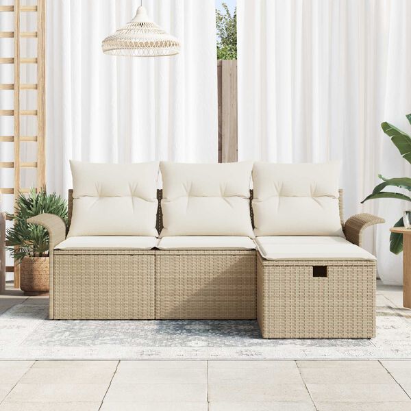vidaXL Tr&auml;dg&aring;rdsoffset med kudde med lagring 4 pcs Beige Poly rattan