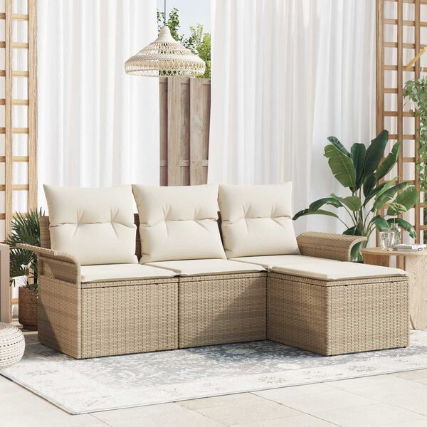 vidaXL Tr&auml;dg&aring;rdsoffset med kudde med lagring 4 pcs Beige Poly rattan