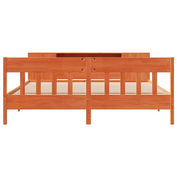 vidaXL S&auml;ng med bokhylla utan madrass vaxbrun 180x200cm massiv furu