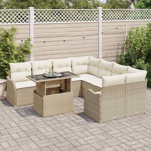 vidaXL Trädgårdsoffset med kudde 9 pcs Beige Poly rattan