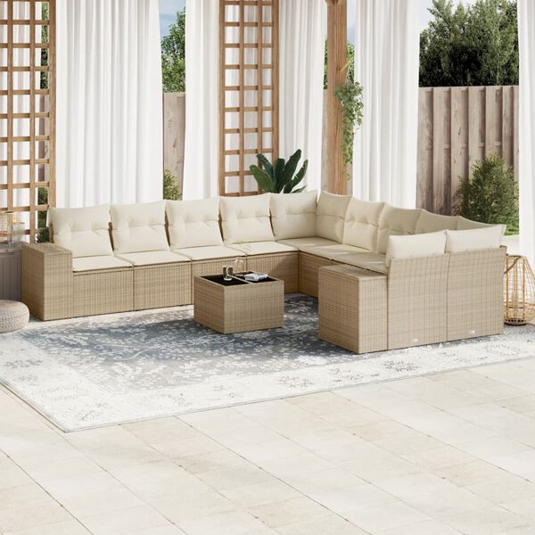 vidaXL Loungegrupp för trädgården m. dynor 11 delar beige konstrotting