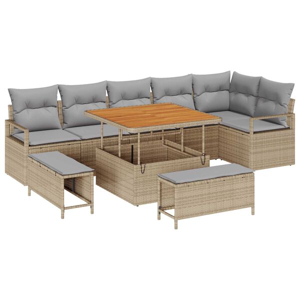 vidaXL Tr&auml;dg&aring;rdsoffset med kudde 9 pcs Beige Poly rattan