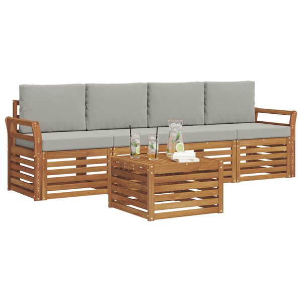 vidaXL Soffgrupper 5 pcs Naturlig och Ljus Gr&aring; Massivt Akaciatr&auml;