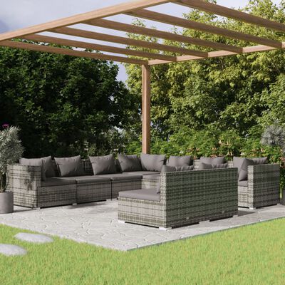 vidaXL Loungegrupp för trädgården med dynor 9 delar grå konstrotting