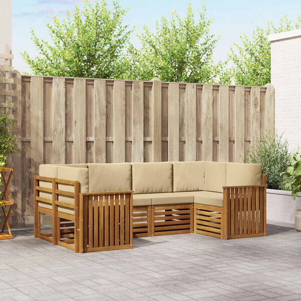 vidaXL Sektionsoffgrupp med kudde 6 pcs Naturf&auml;rg Massivt Akaciatr&auml;