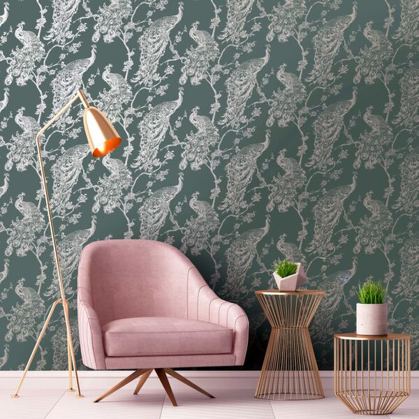 DUTCH WALLCOVERINGS Tapet p&aring;f&aring;gel gr&ouml;n och silver