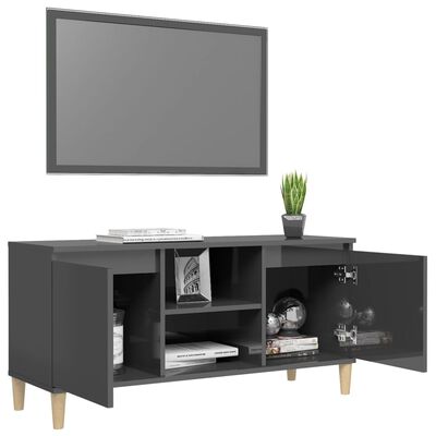 vidaXL TV-bänk med massiva ben grå högglans 103,5x35x50 cm