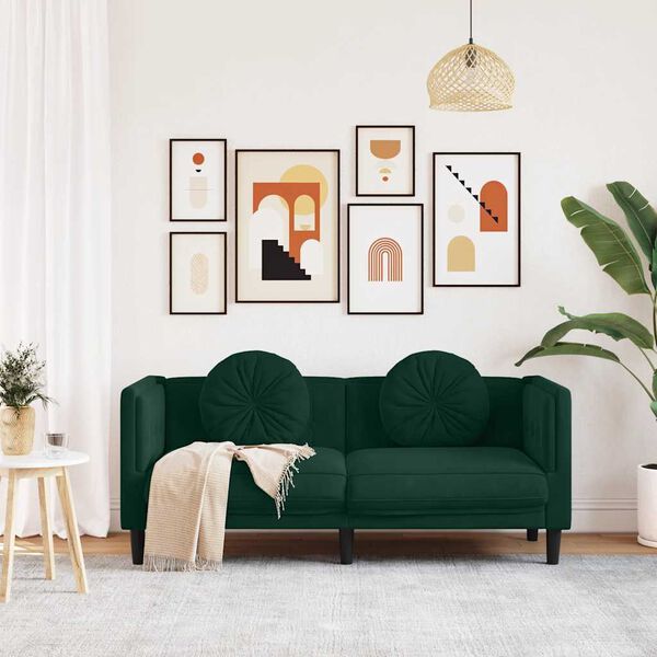 vidaXL Soffa med kuddar 2-sits m&ouml;rkgr&ouml;n sammet