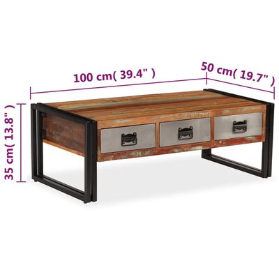 vidaXL Soffbord med 3 lådor massivt återvunnet trä 100x50x35 cm