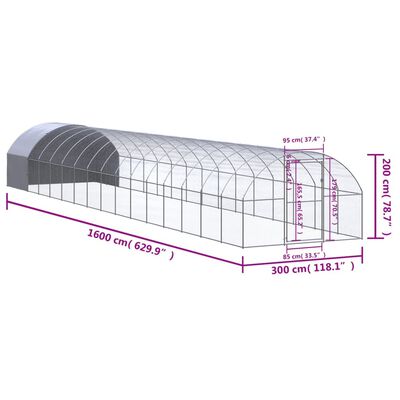 vidaXL Hönsbur för utomhusbruk 3x16x2 m galvaniserat stål