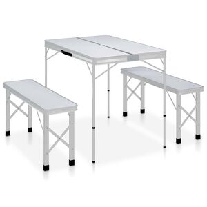 vidaXL Hopf&auml;llbart campingbord med 2 b&auml;nkar aluminium vit