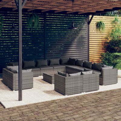 vidaXL Loungegrupp för trädgården m. dynor 14 delar grå konstrotting