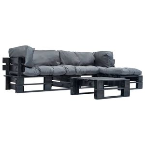 vidaXL Pallsoffa 4 delar med gr&aring; dynor tr&auml;