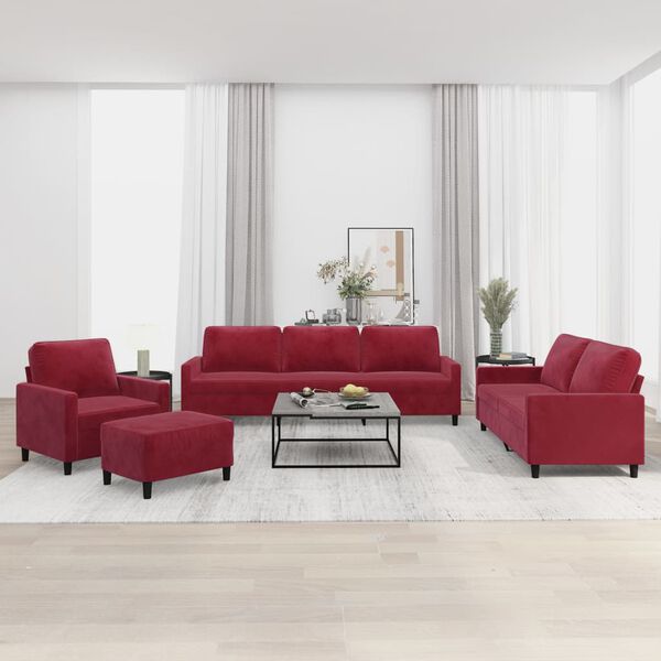 vidaXL Soffgrupp med dynor 4 delar Vinr&ouml;d sammet