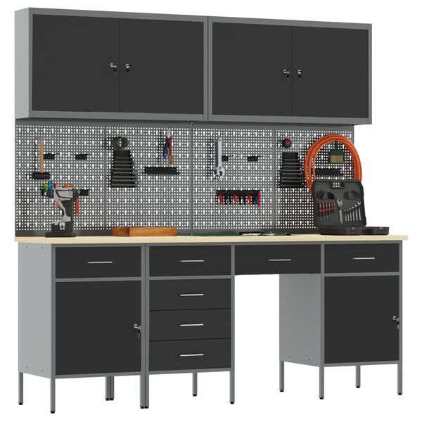 vidaXL Arbetsbänk med låda med lås 10 pcs Svart 200 x 55 x 200 cm Stål