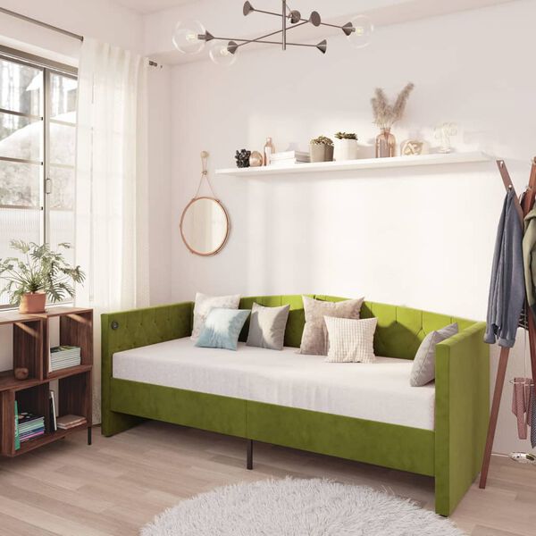 vidaXL Dagb&auml;dd med madrass USB ljusgr&ouml;n sammet 90x200 cm