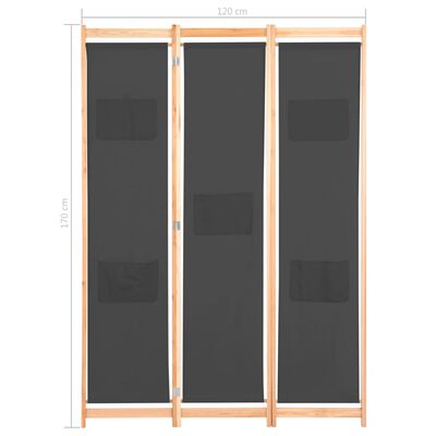 vidaXL Rumsavdelare 3 paneler 120x170x4 cm grå tyg