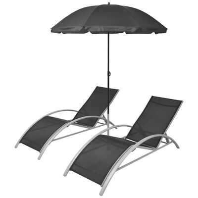 vidaXL Solsängar med parasoll aluminium svart
